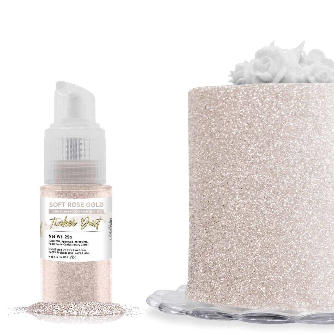Bakell - Soft Rose Gold Tinker Dust Edible Glitter (25g, 1x Spray Pump) for Food, Desserts, and Beverages!
